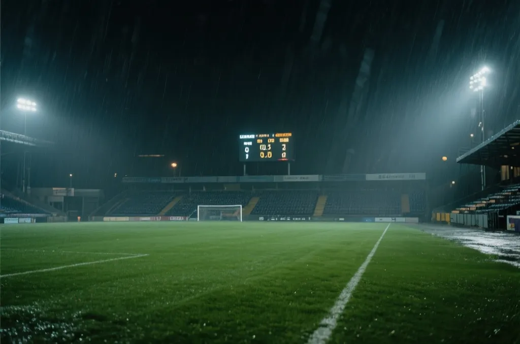 比赛日球场在不同天气条件下的草皮与看台氛围，用于比分预测更新